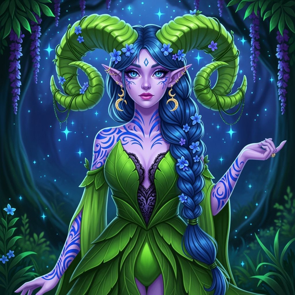 Mystical Dryad with Ram Horns in Magical Forest
