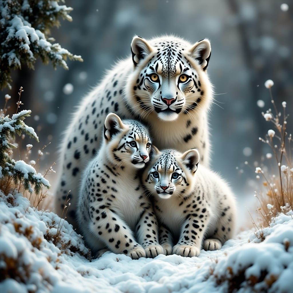 Snow Leopard Mother and Her Kittens in Ethereal Landscape