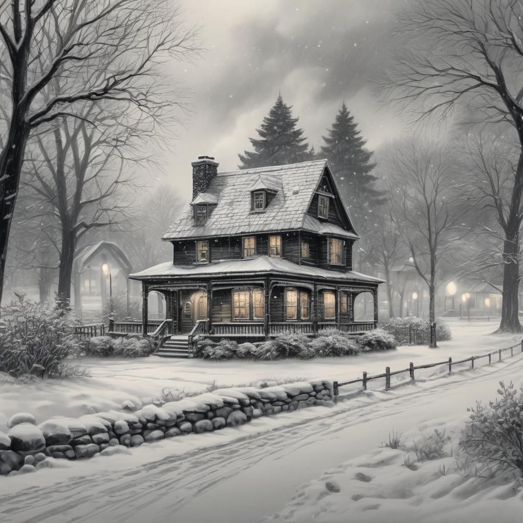 Snowy House in Winter Landscape: Graphite Pencil Art