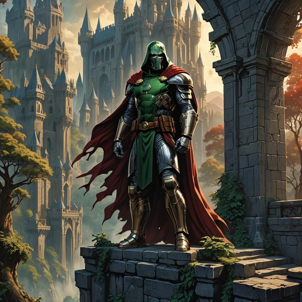 Doctor Doom Overlooks Mystical Forest: Epic Fantasy Art