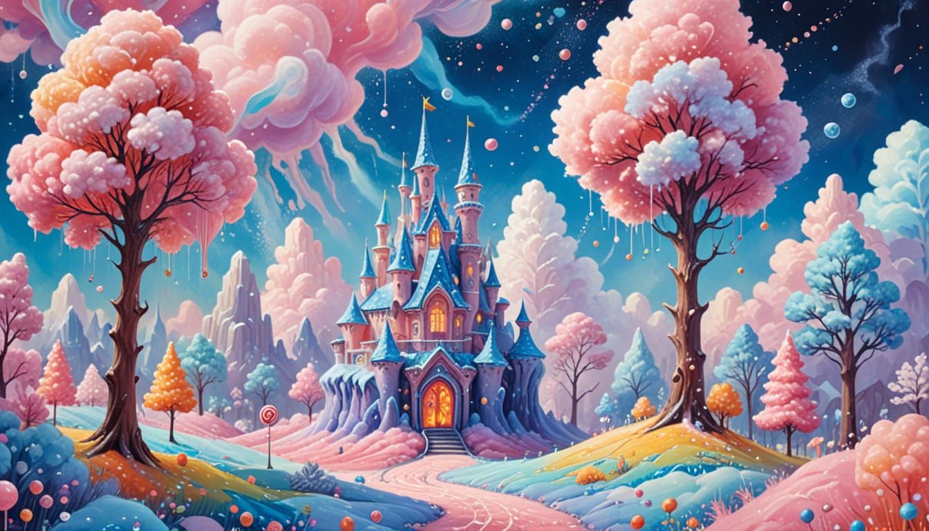 Surreal Candy Wonderland in Whimsical Gouache Style