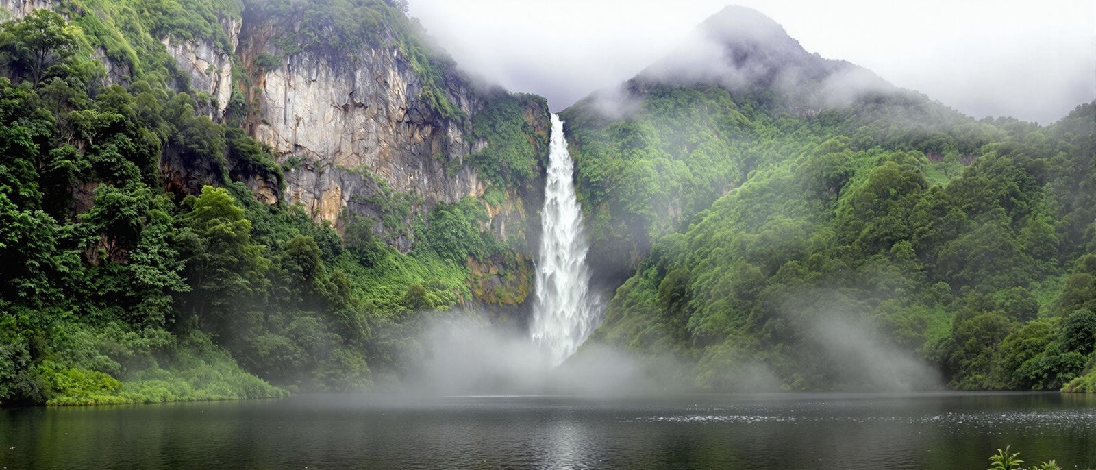 Tall Cascading Waterfall in Verdant Cliff Landscape