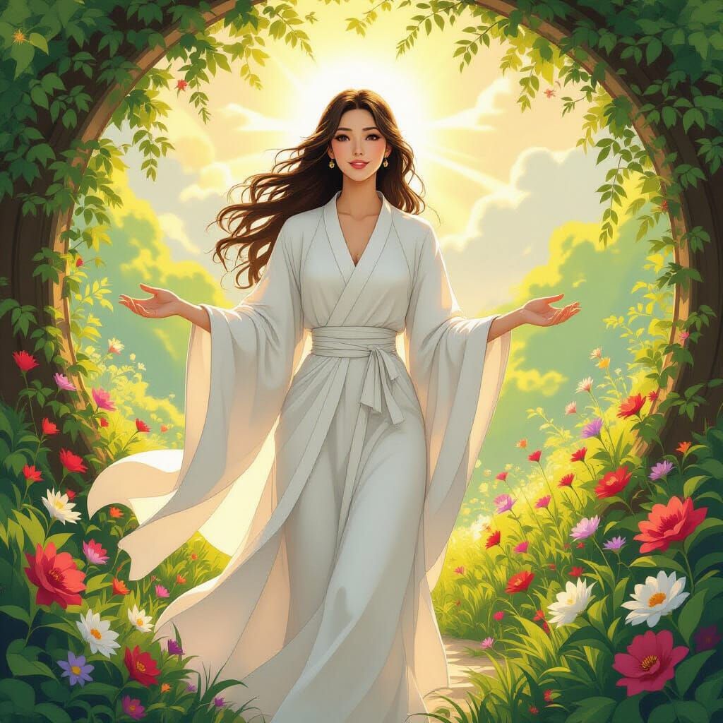 Heavenly Woman Spreading Faith in Golden Paradise