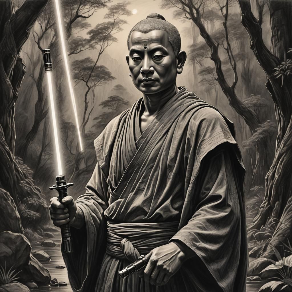 Gautama with Lightsaber in Charcoal Drawing