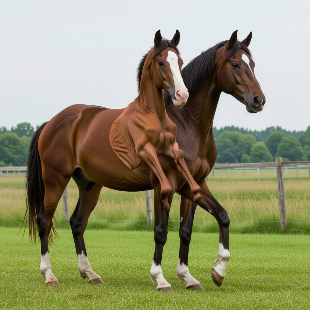 A horse with 2 heads and 5 legs