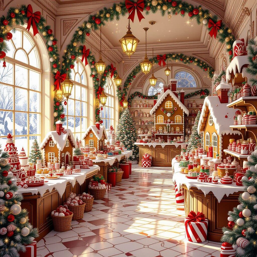Whimsical Christmas Candy Shop Illustration