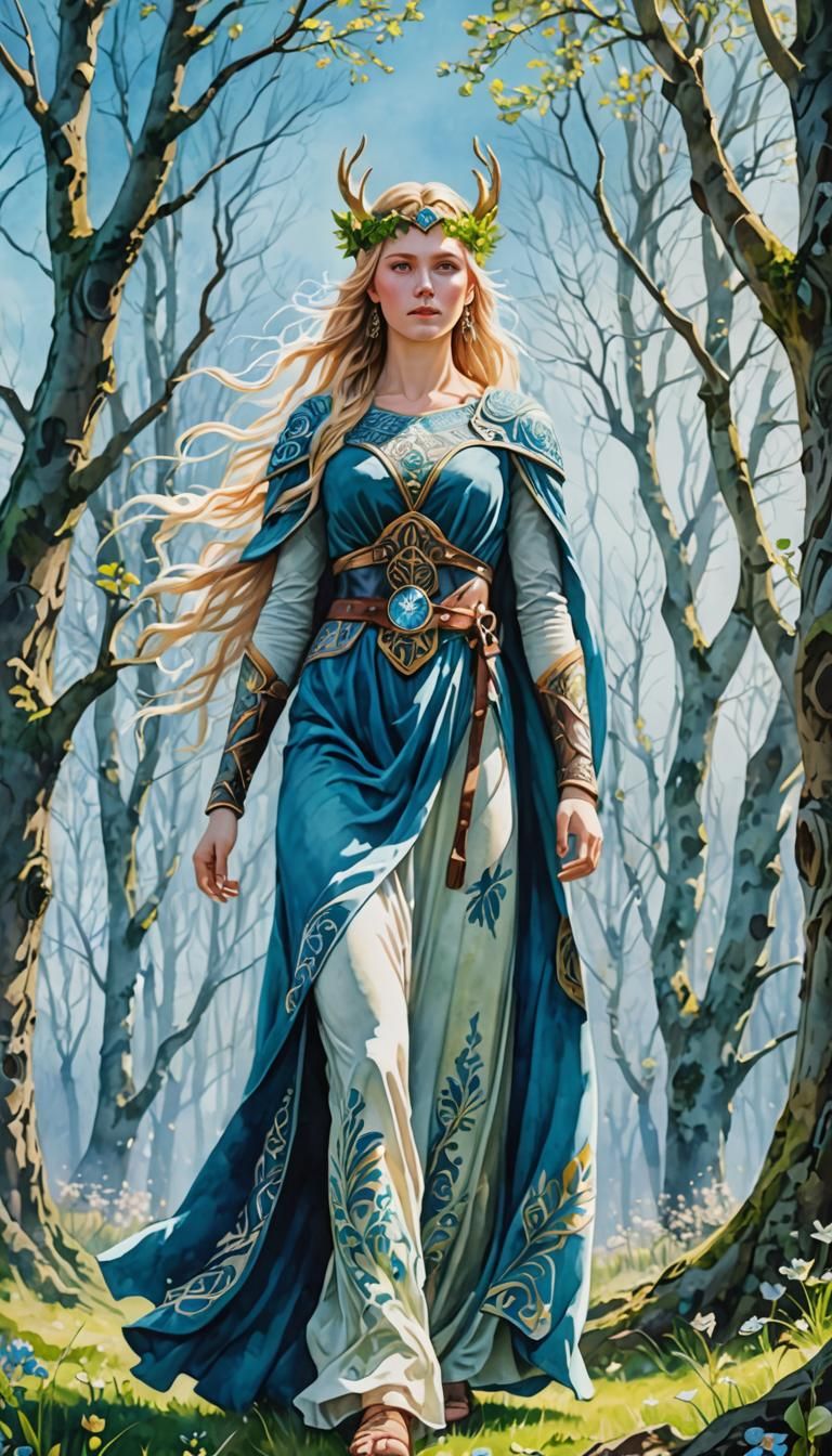 Goddess Idun of Spring: Watercolor Art in Forest