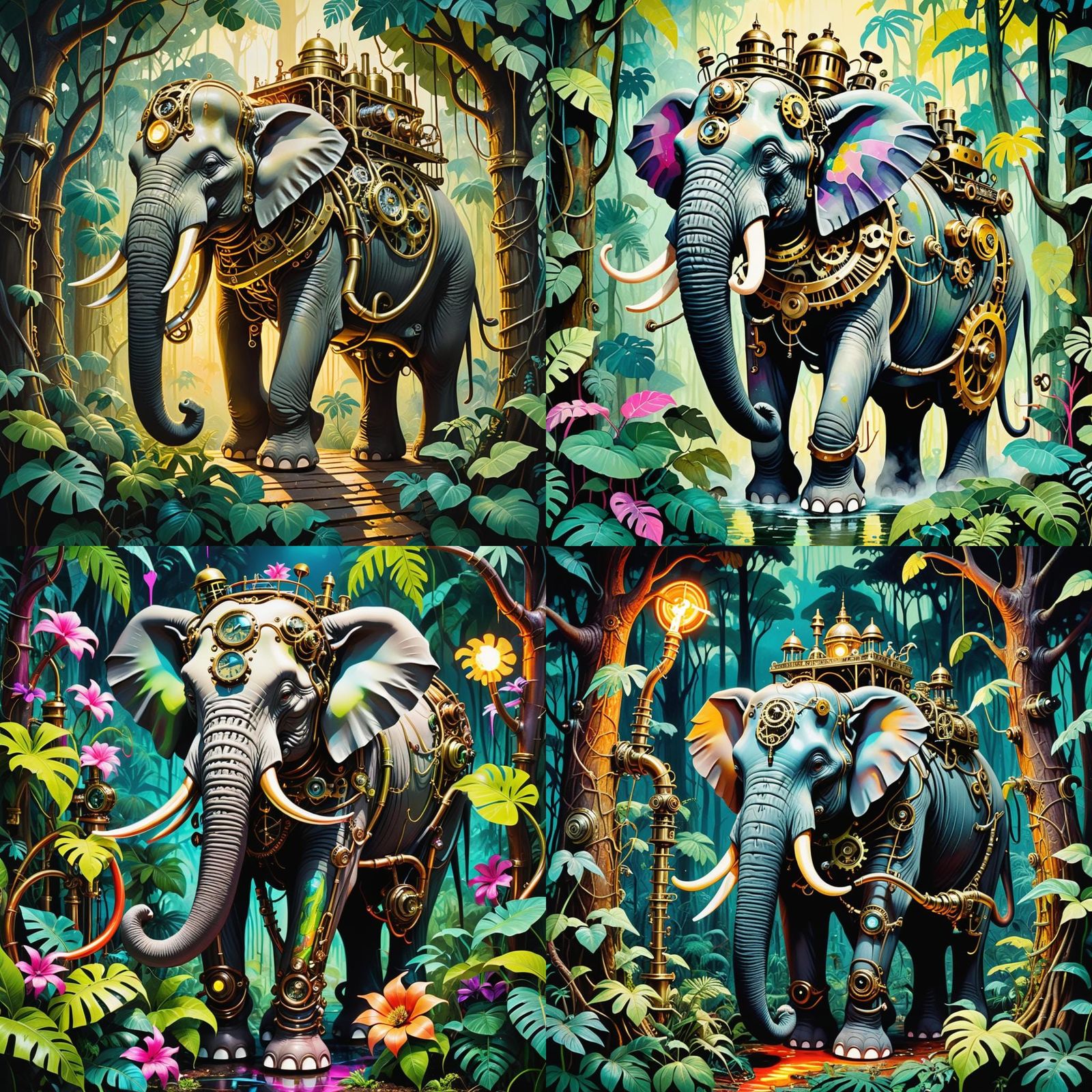 Steampunk Jungle Adventure with Mechanical Elephant