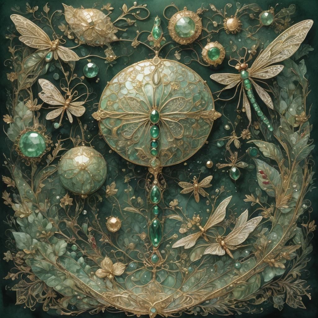 Watercolor Dragonfly Jewel Close-Up in Gold