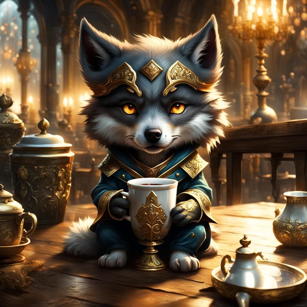 Wolf Pup Coffee Break: Detailed 3D Animal Art