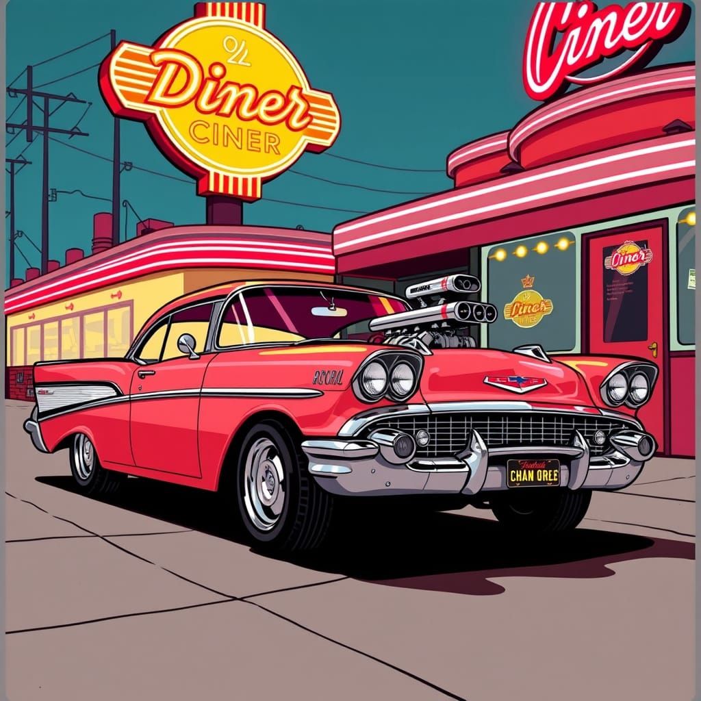 Caricature 1957 Chevy Bel Air Outside Retro Diner