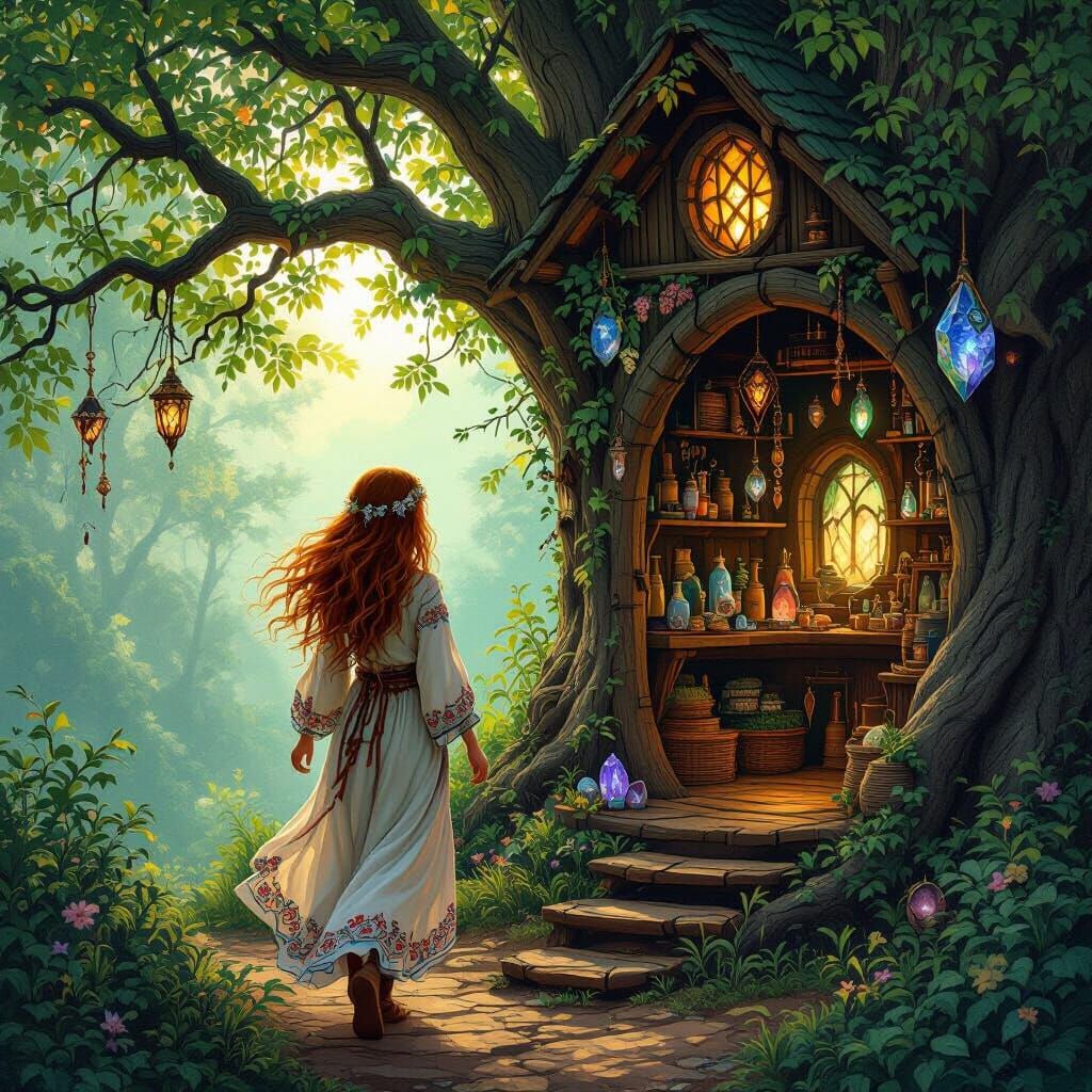 Bohemian Girl Approaches Mystical Treehouse in Enchanted For...