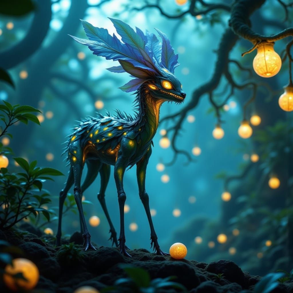 Cyberpunk Beast Emerges from Alien Forest