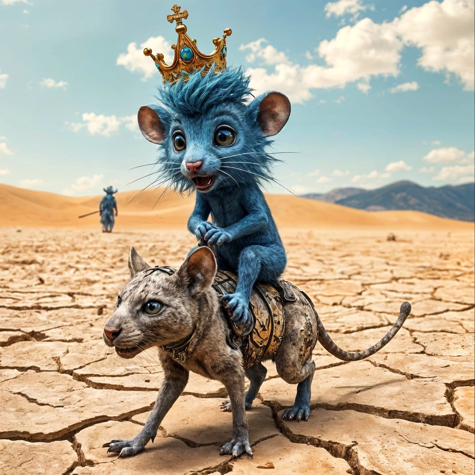 Satirical Mouse King Rides Shattered Cat Across Desert