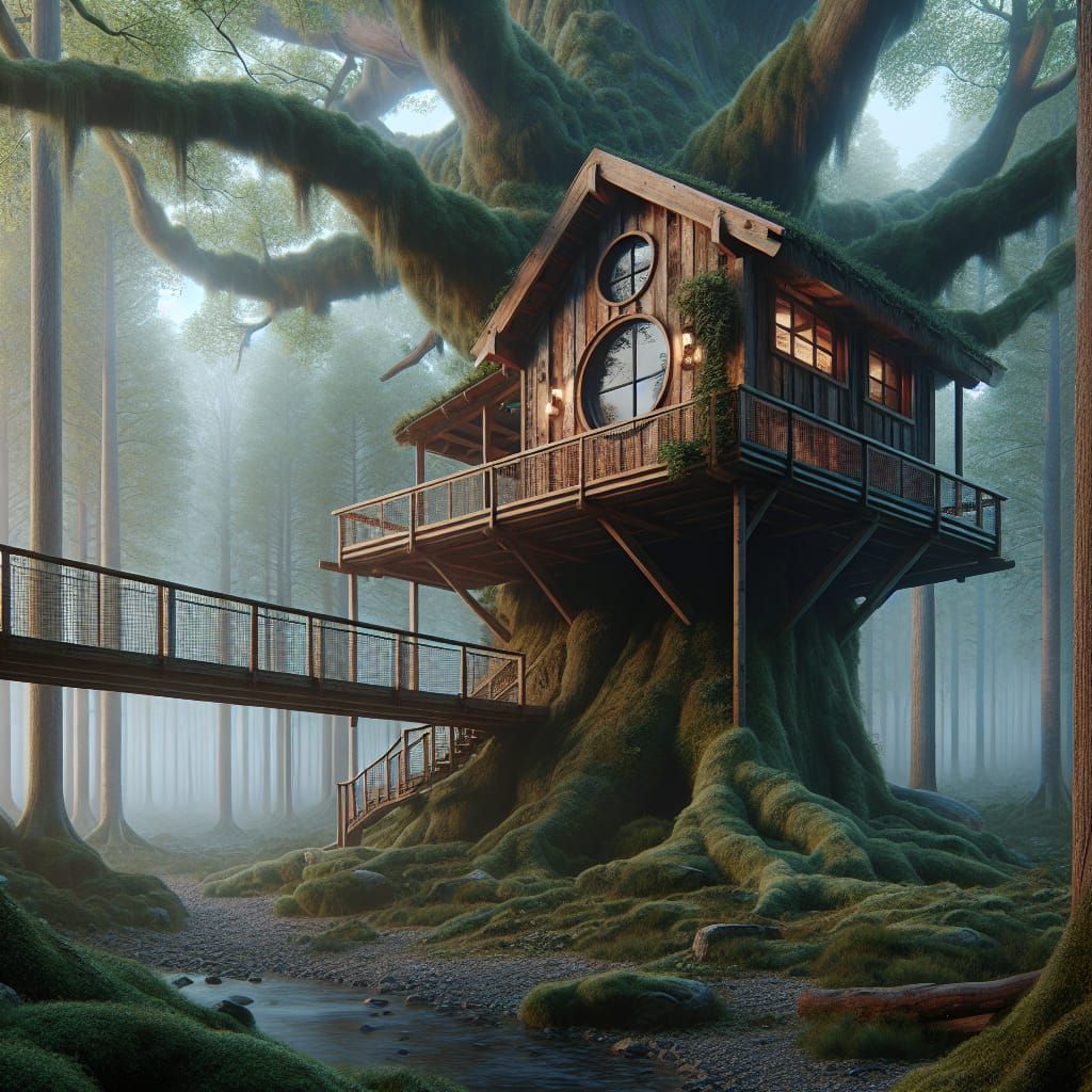 Rustic Treehouse in Ancient Forest at Night