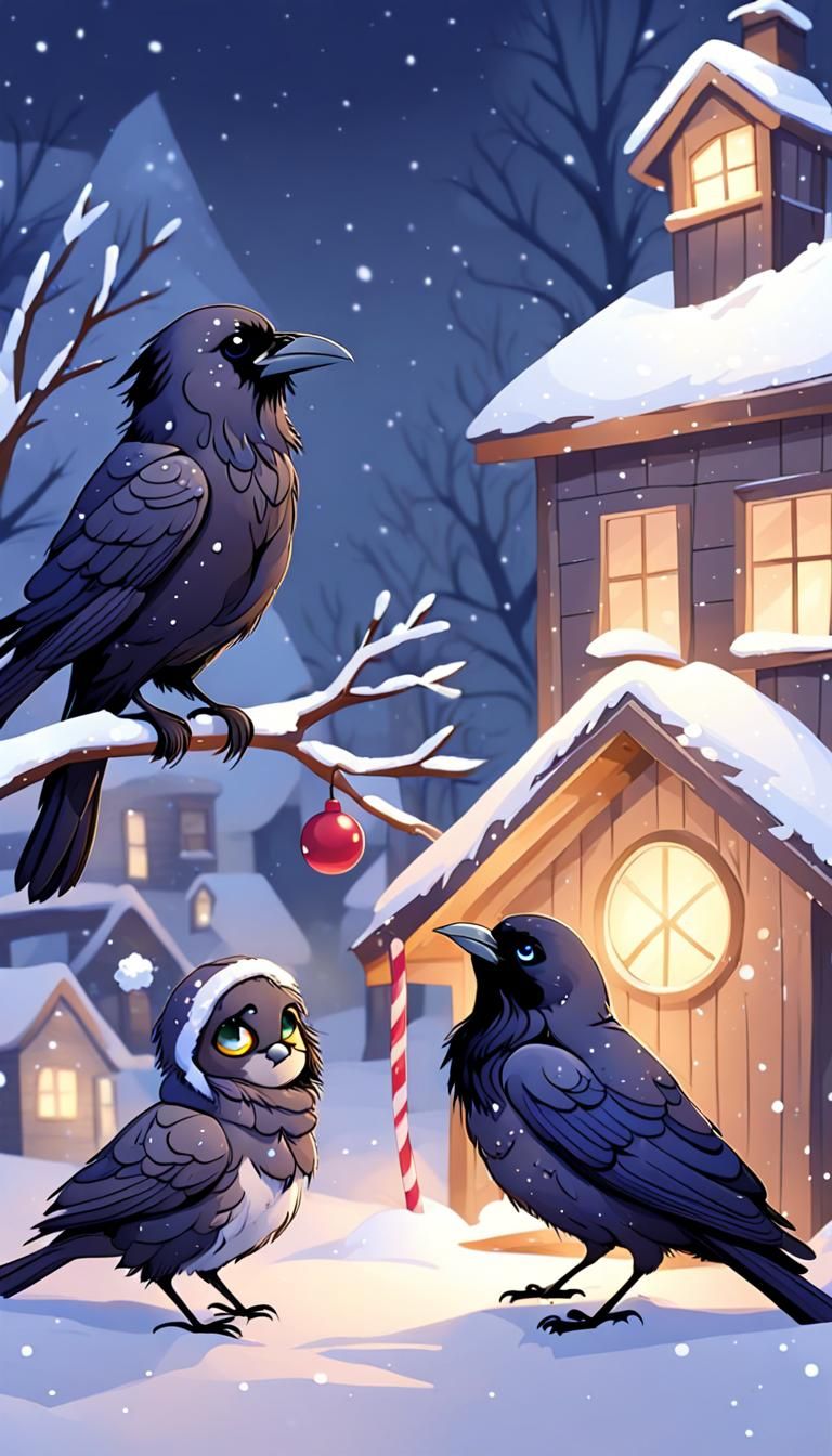 Cute Raven, Sparrow and Cat Christmas Scene