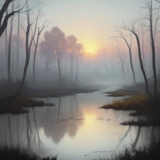 Faded Sunset Over Calm Stream, Watercolor and Ink