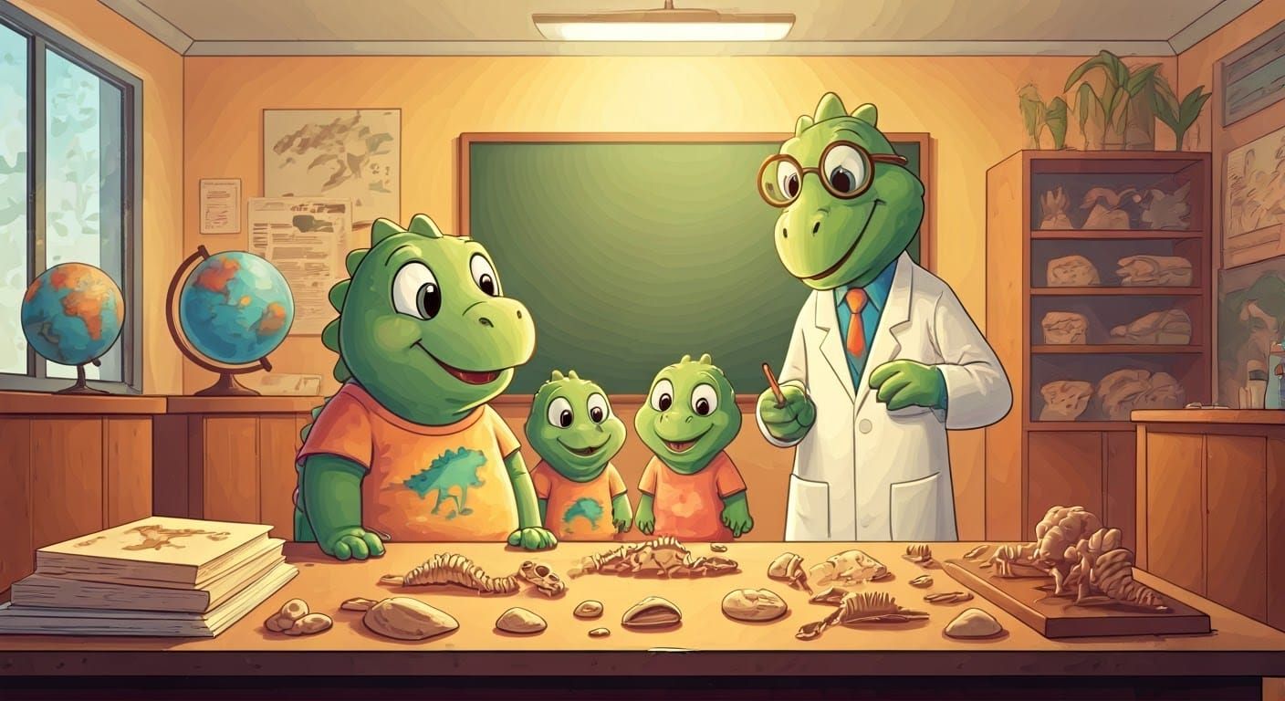 Cartoon Baby Dinosaurs Learn Science in Watercolor Style