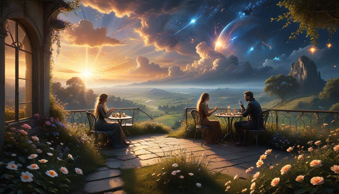 Couple Gazing at Stars in Enchanted Field