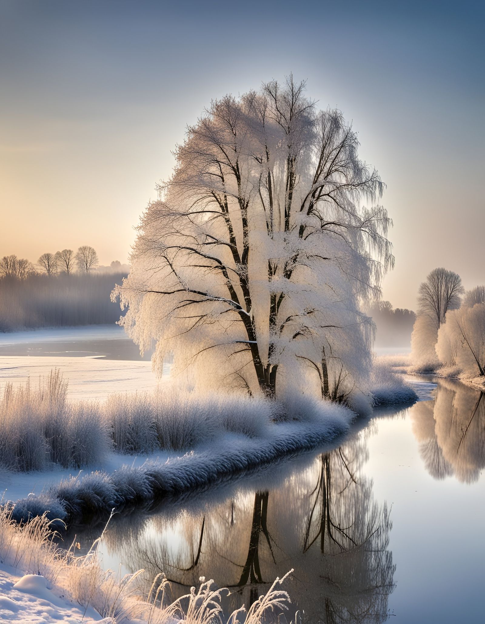 Frosty Glittering Winter Riverbank Scene