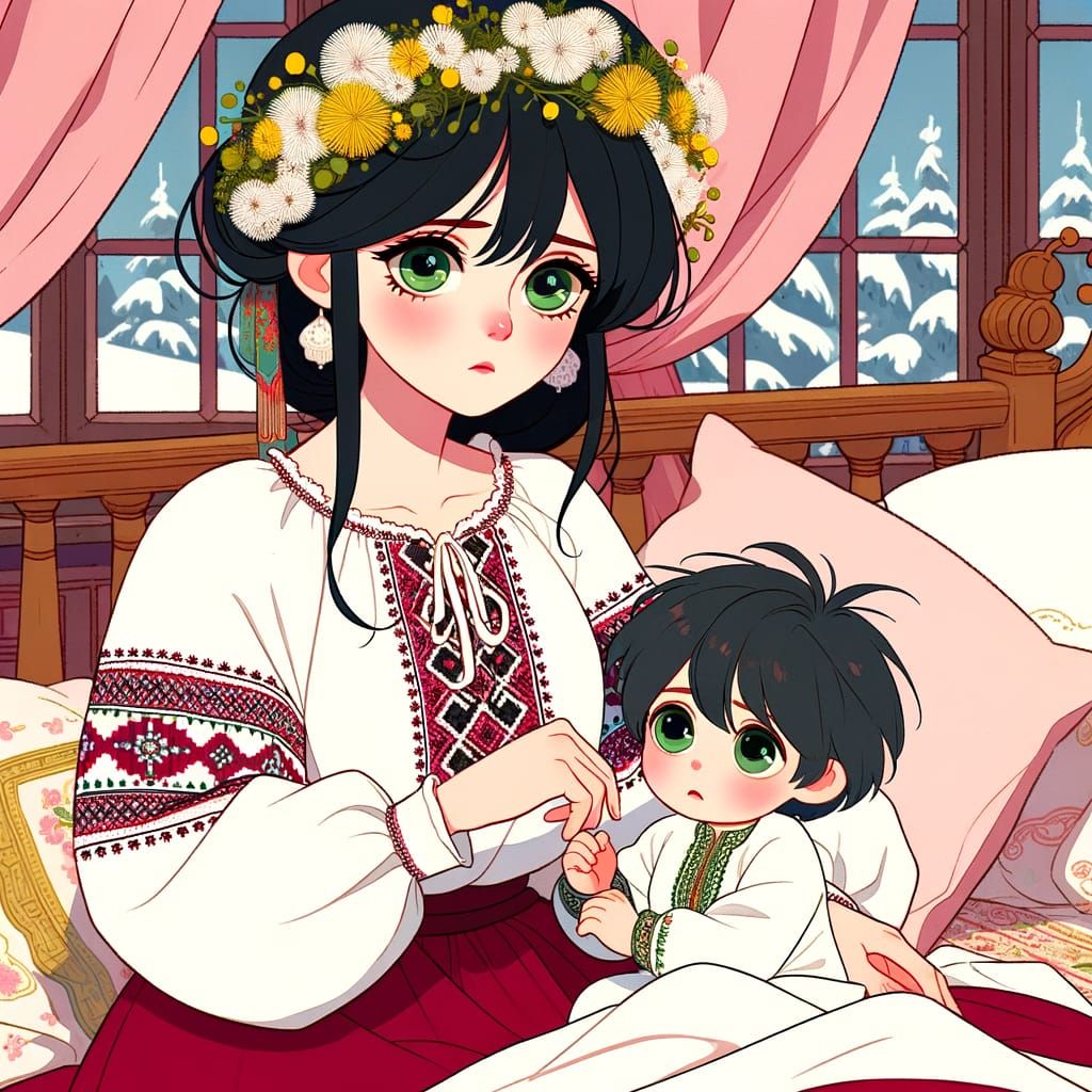 Classical Animation-Style Woman in Ukrainian Embroidery, Cud...