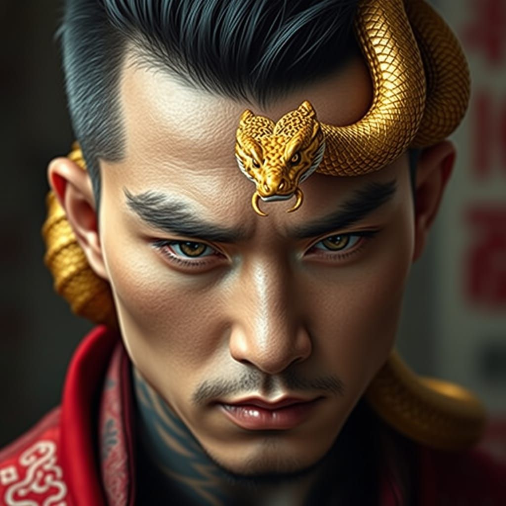 Handsome Chinese Warrior with Golden Snake
