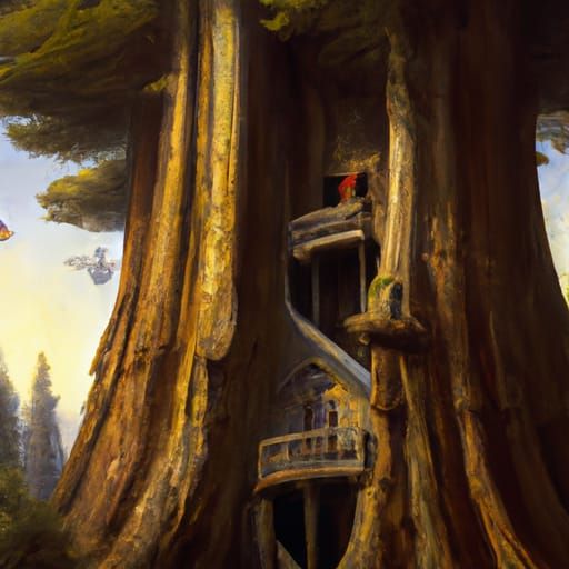 Giant Sequoia Treehouse in Oil Painting Style