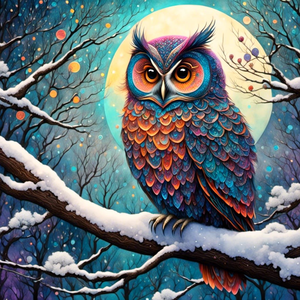 Colorful Owl on Snowy Branch in Liquid Ink Style