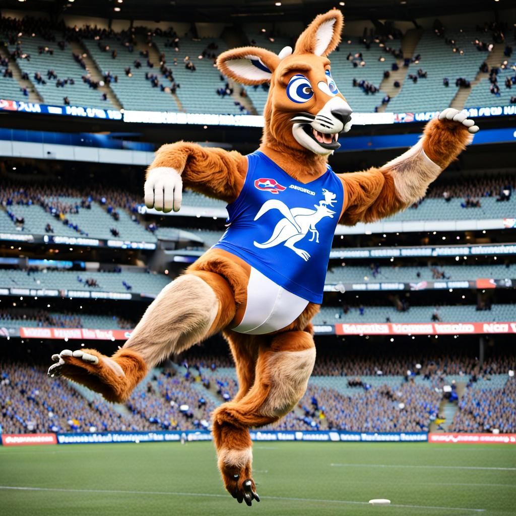 North Melbourne Kangaroos Plane Australian football mascot in stadium playing football winning kicking goals