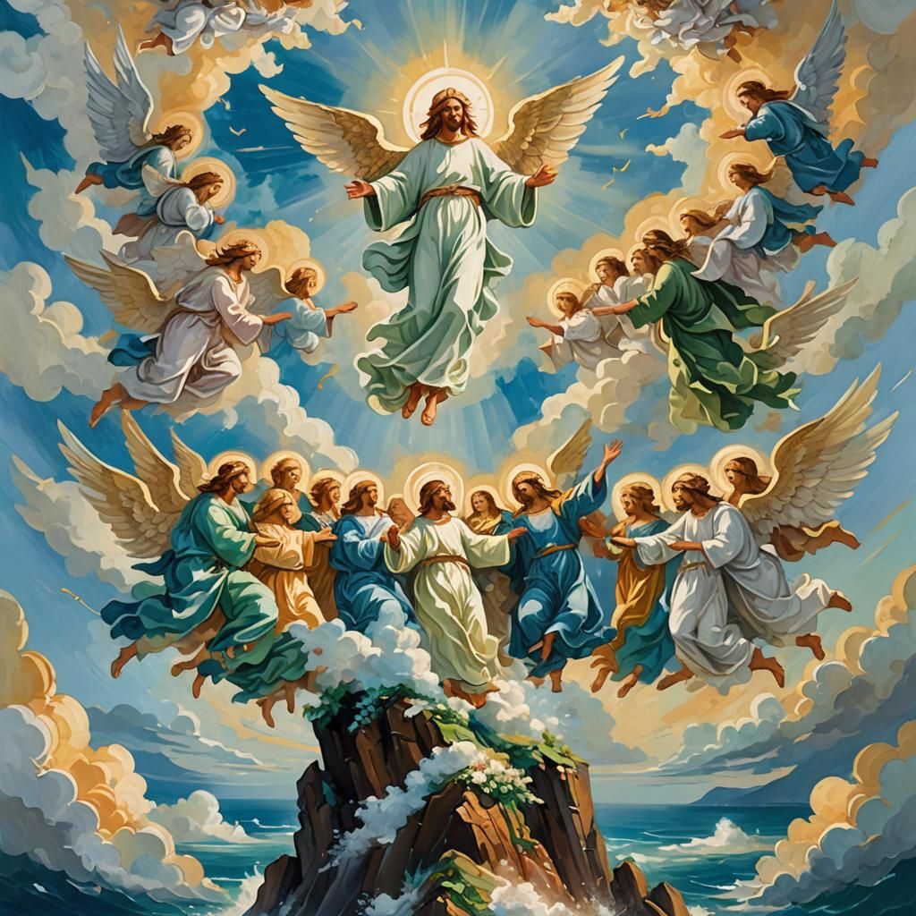 Ascending Holy Figure in Gouache Style with Angels