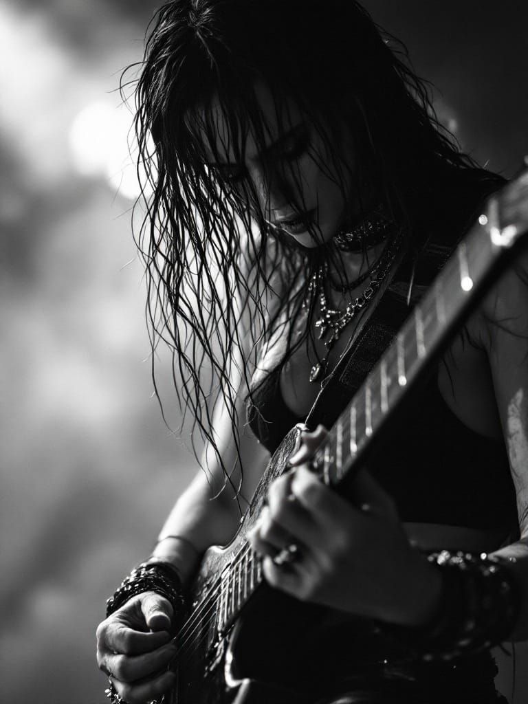Fierce Female Metal Guitarist in Intense Black-and-White Por...