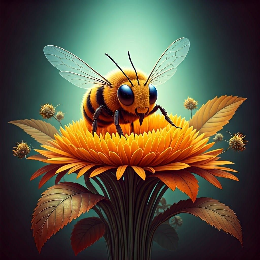 Bee Emerges from Autumn Bouquet in 3D Digital Art