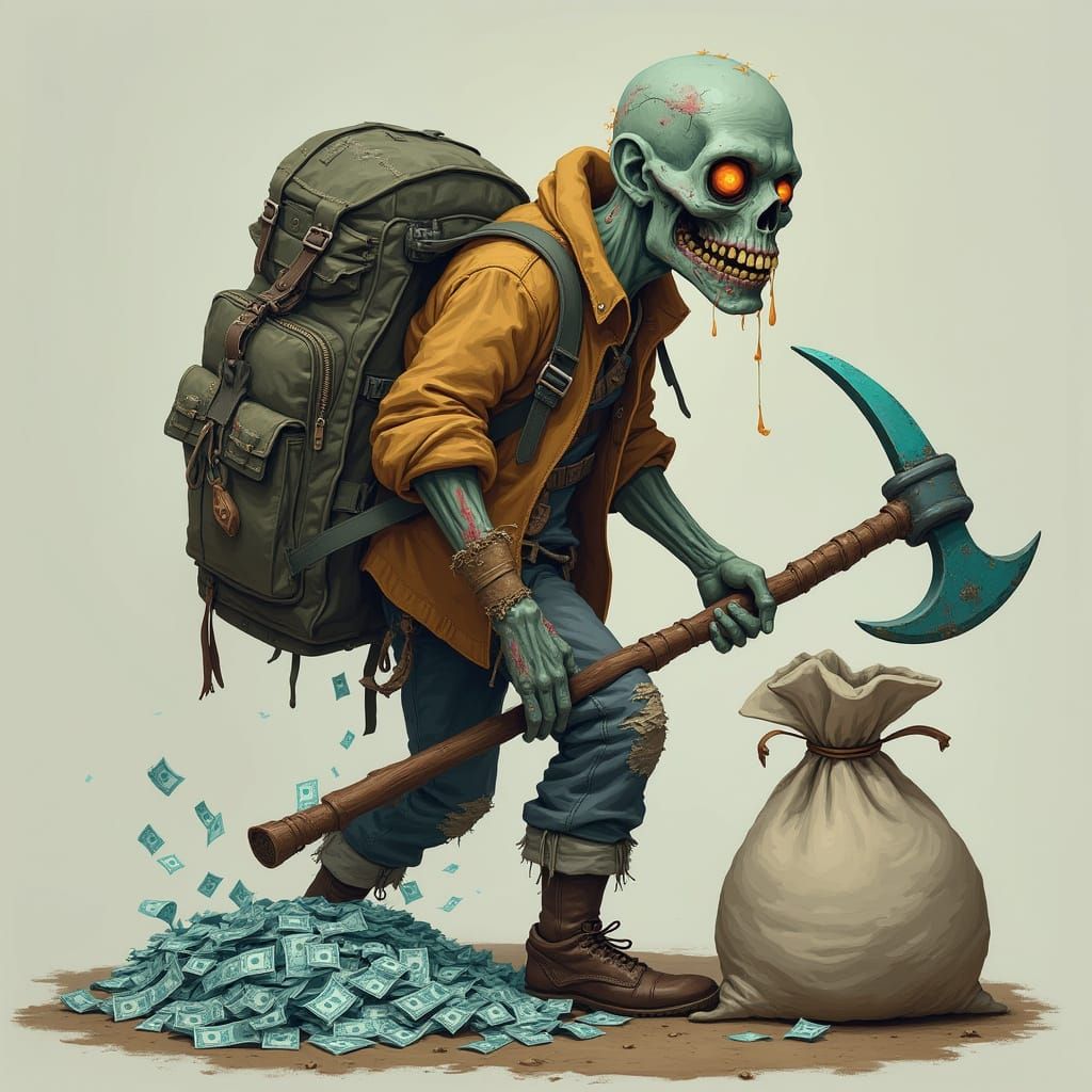 Half-Zombie Miner with Money Bag, in Dystopian Style