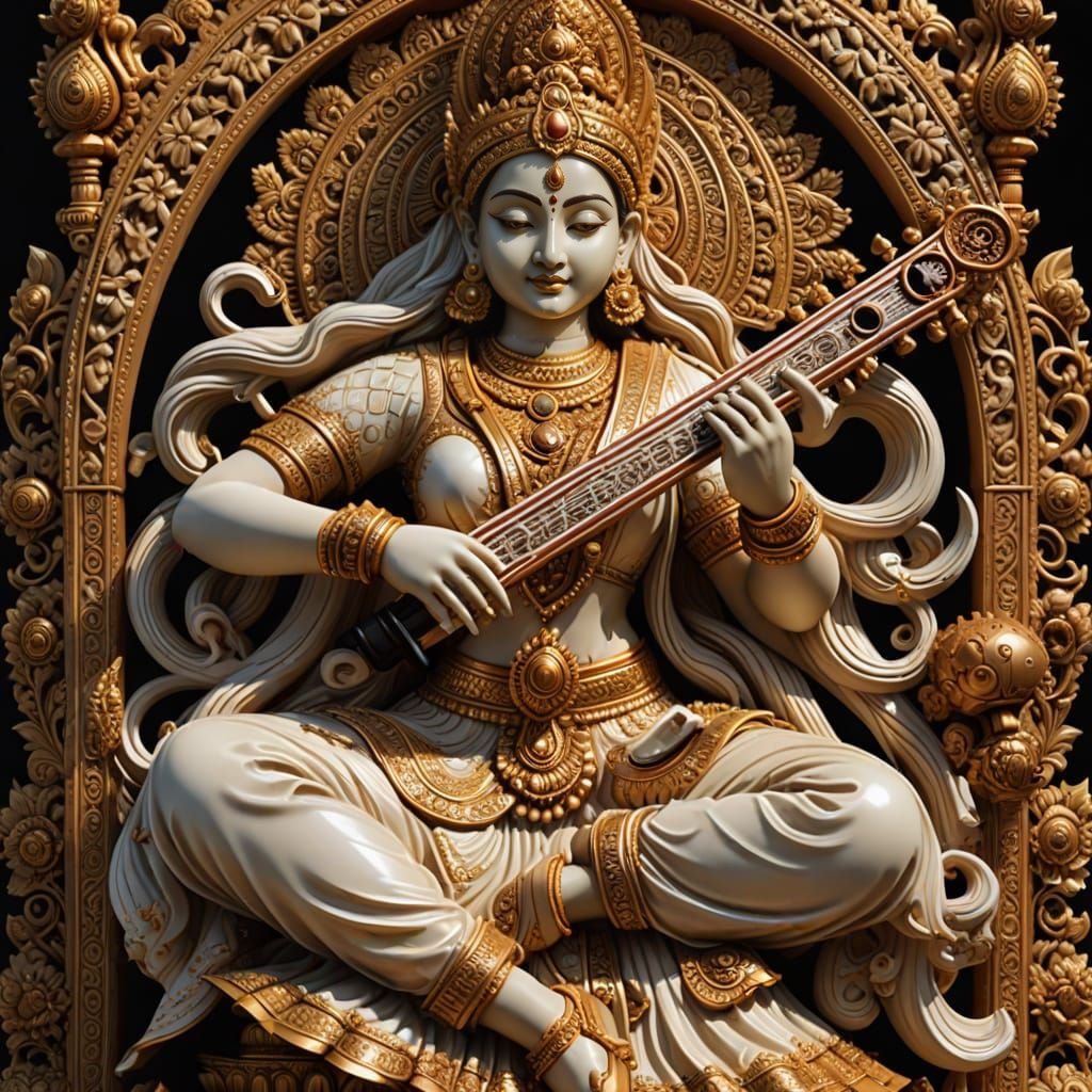 Saraswati Goddess in Intricate White Relief