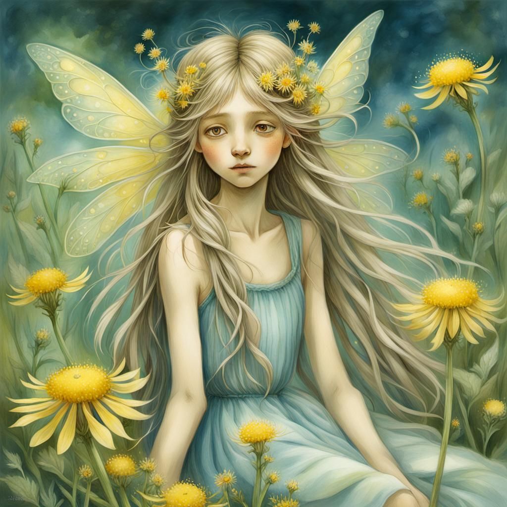 Delicate Fairy on Ragwort Stem Illustration