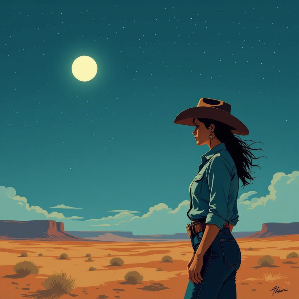 Lone Cowgirl Under Starlit Sky on Windswept Plain