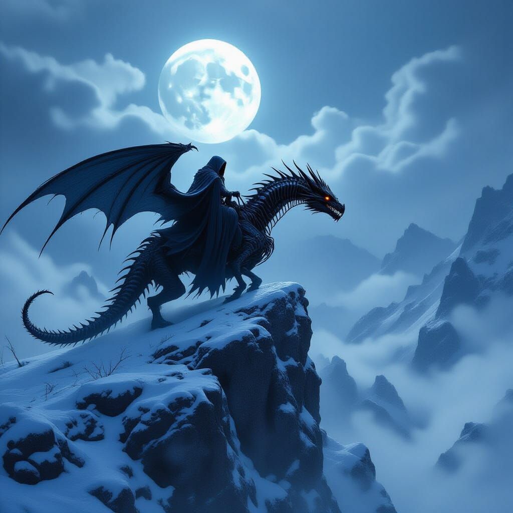Lich Rides Skeletal Dragon Over Frozen Valley in Dark Fantas...