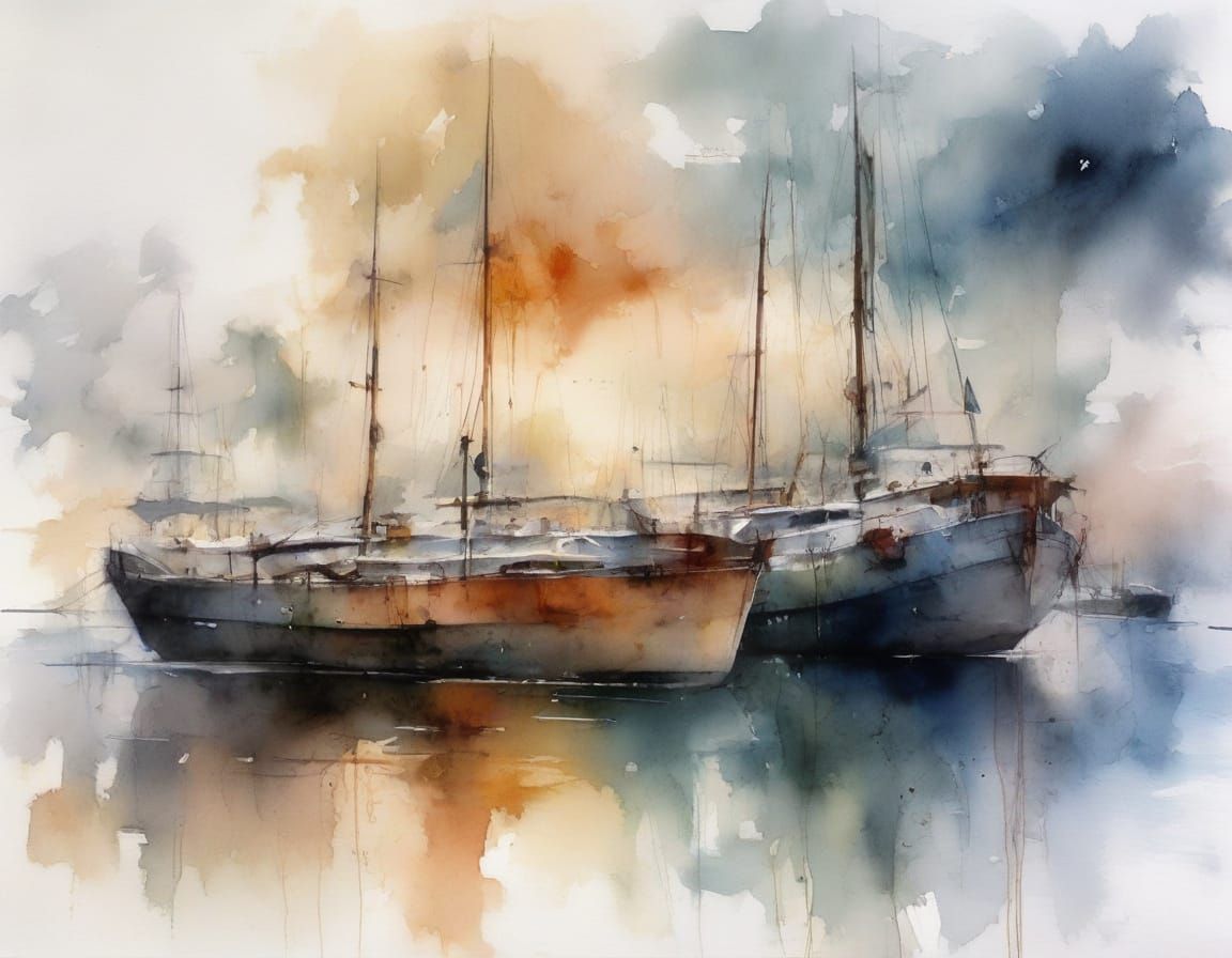 Old Boats at Sunset Harbour in Painterly Realism