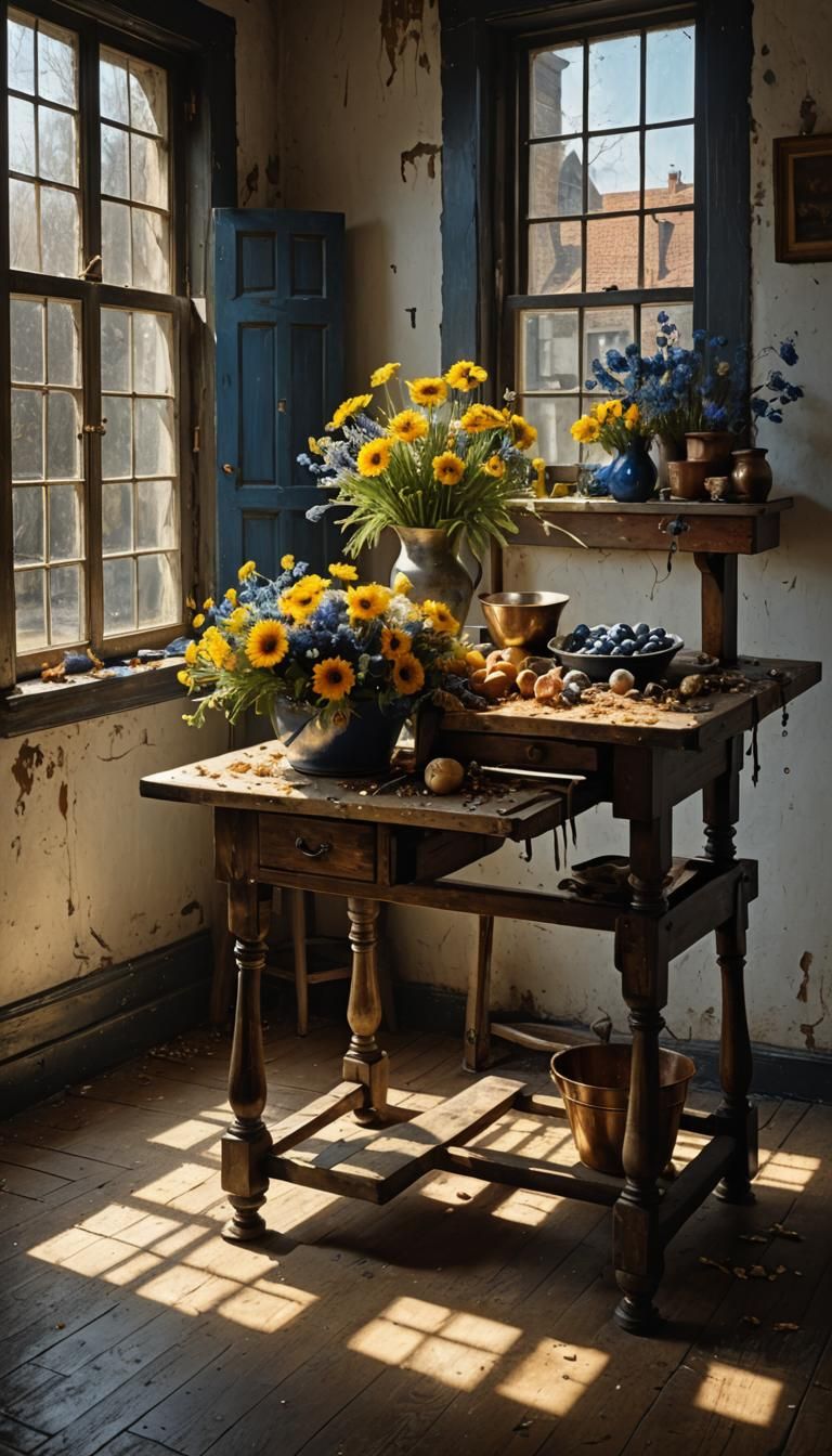Golden and Blue Flowers on Butcher Table, Hyperrealist Paint...