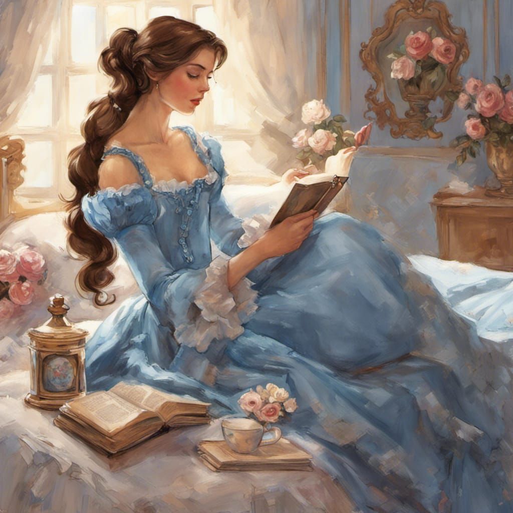 Belle Reading in Rococo Room with Roses