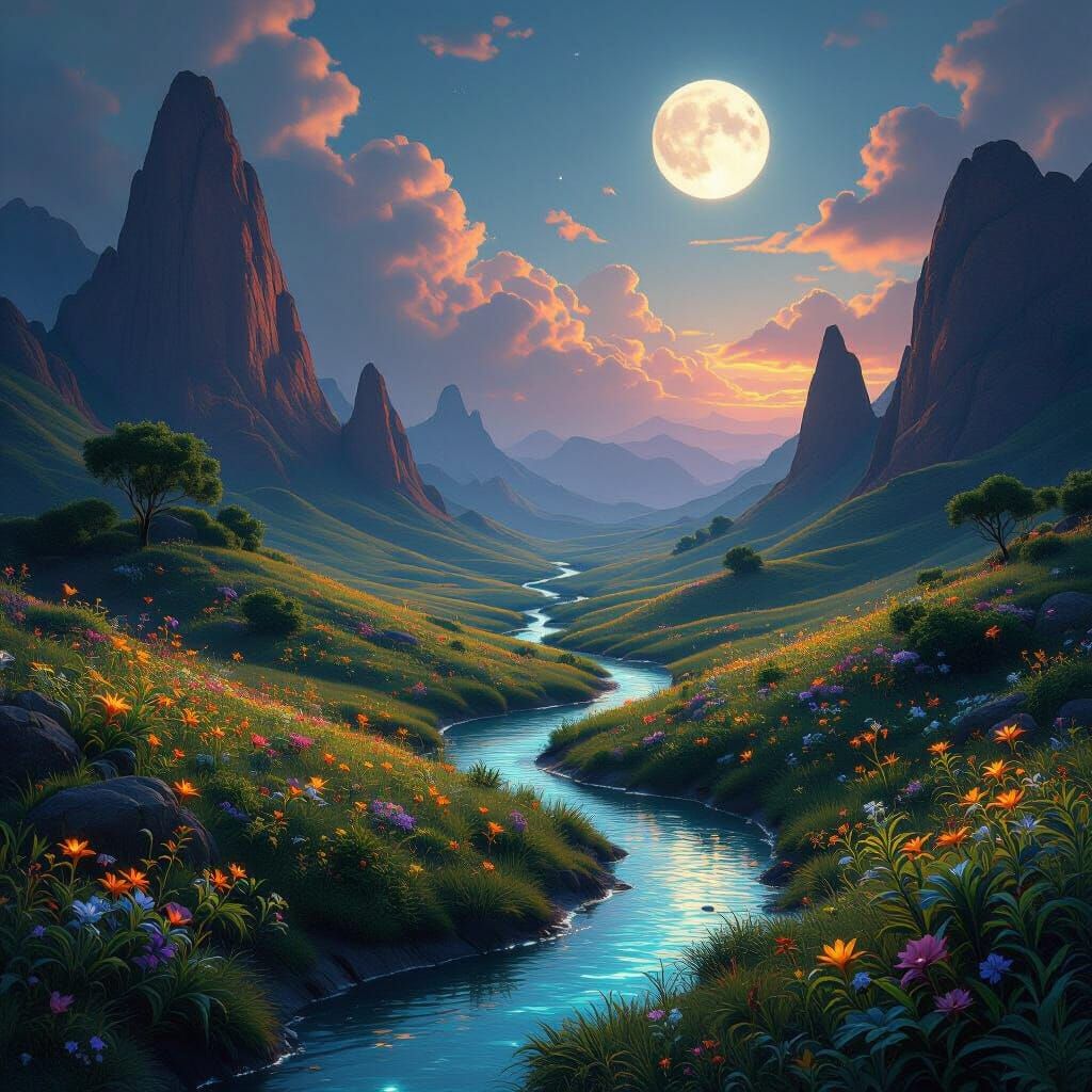 Fantastical Serene Landscape with Glowing Flora and Moonligh...