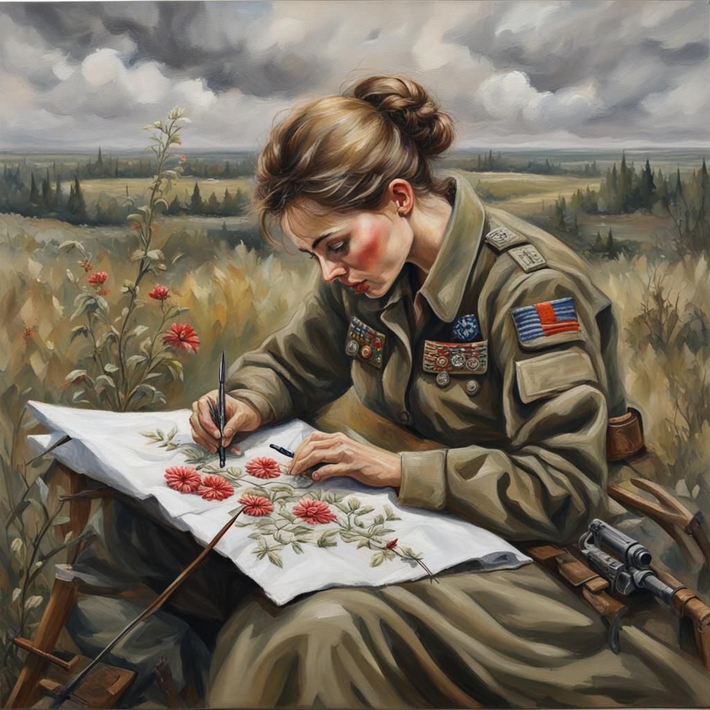 Ukrainian Woman's Embroidered Art in Wartime Trench