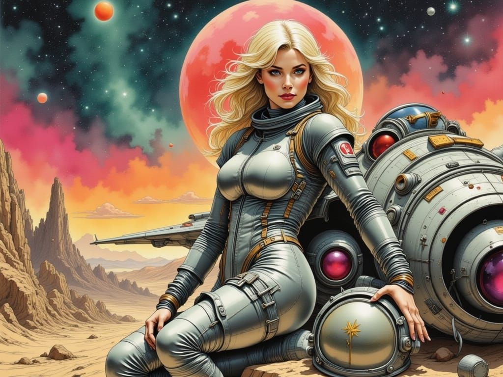 Retro Sci-Fi Woman Poses With Starfighter