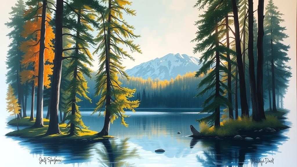 Lake Through Trees: Acrylic Painting in Bourgeau Style