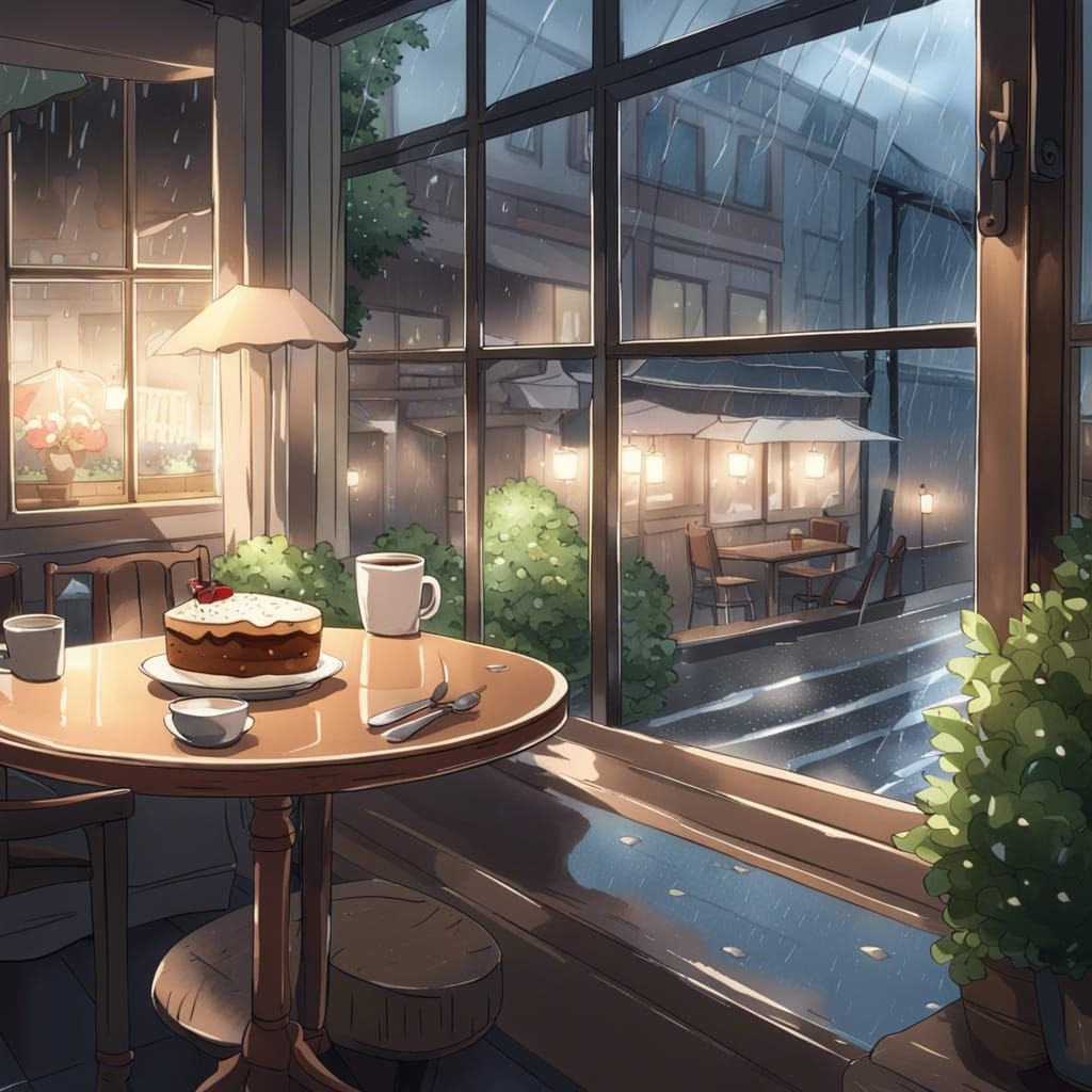 Cozy Rainy Day Cafe Scene in Anime Style
