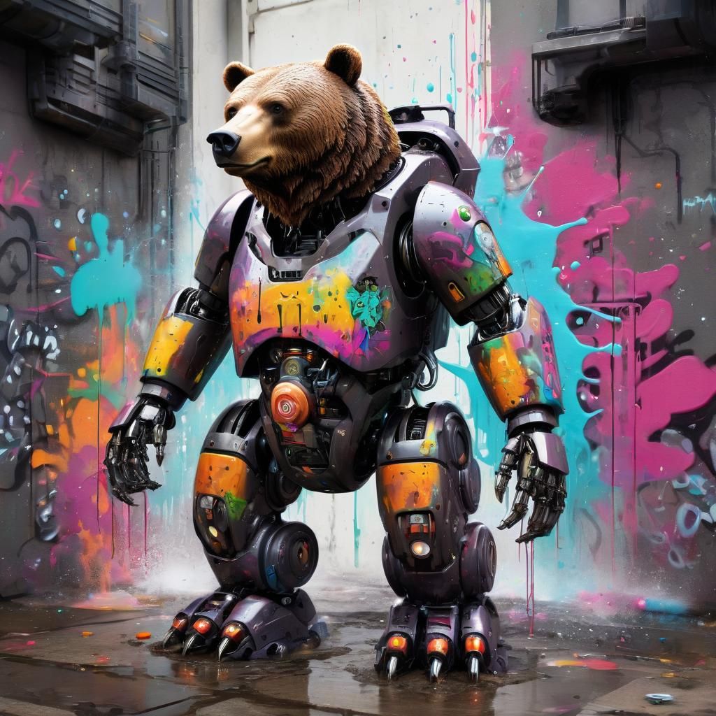 Cyberpunk Bear Robot Guards Galaxy