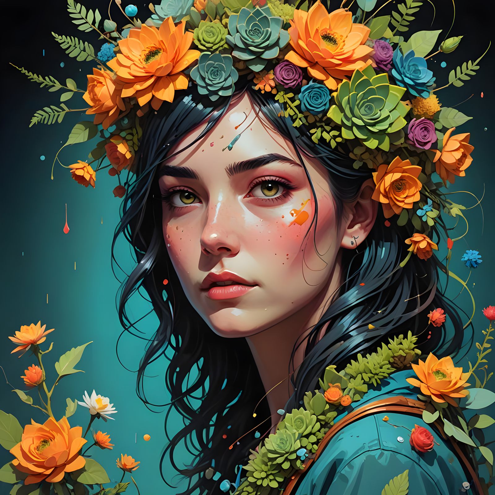 Dazzling Floral Garland Shines Bright in Vibrant Splash Art