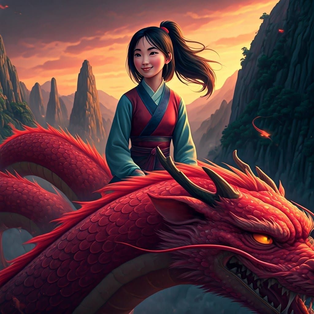 Mulan Rides a Dragon in Anime Style Landscape