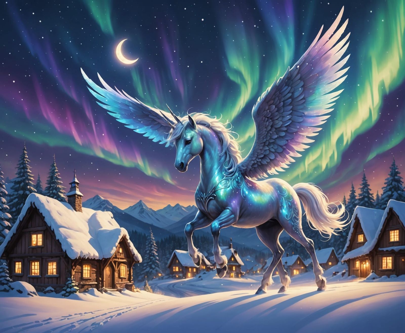 Alicorn Soars Under Magical Aurora Borealis