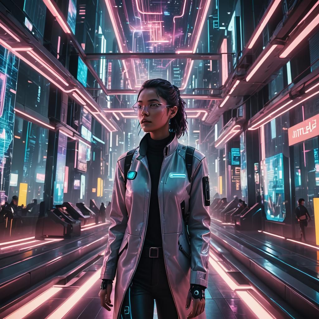 Futuristic Cyberpunk Cityscape with Holographic AI Avatar